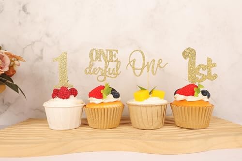 24Pack First Birthday Cupcake Topper - Glitter Gold One Cupcake Picks,1st Birthday Cupcake Decorations Supplies (Gold)