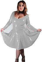 Autumn Long Sleeve Latex A-line Dress Women Dancing Party Costume Sexy Scoop Neck Low Cut Dress Vintage Skater,Silver,L