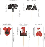 Ercadio 25 Pack Boxing Player Cupcake Toppers Black Red Glitter Boxing Gloves Cupcake Picks Boxer Gym Theme Round 1 Little Champion Baby Shower Birthday Party Cake Decorations Supplies