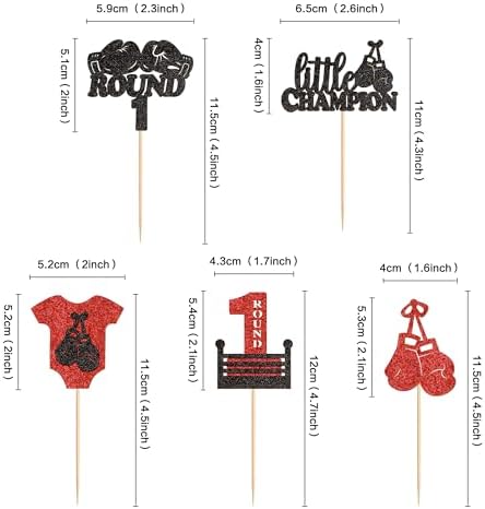 Ercadio 25 Pack Boxing Player Cupcake Toppers Black Red Glitter Boxing Gloves Cupcake Picks Boxer Gym Theme Round 1 Little Champion Baby Shower Birthday Party Cake Decorations Supplies
