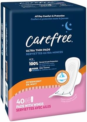 Carefree Ultra Thin Pads for Women, Overnight with Wings | Feminine Care & Postpartum Protection | 40ct (Pack of 1)