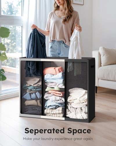 SOLEDI Laundry Hamper 3 section with lid and 3 Pcs Bag, Large Hamper 3 compartment 180L, Laundry Basket Laundry sorter Clothes hamper for Laundryroom Bedroom Blanket Storage Organizer