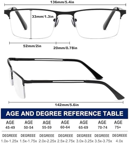 for Men Blue Light Blocking Reading Glasses, Half Frame Metal Readers with Spring Hinge, 3-Pack