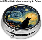 Pill Box, Small Pill Organizer with 3 Compartments and Mirror, Cute Round Portable Travel Metal Pill Case for Pocket or Purse, Privacy-Protecting Medicine Box-Starry Sky Cat