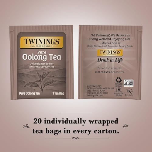 Twinings Pure Oolong Tea 2-Pack – Golden Caffeinated Tea, Individually Wrapped Tea Bags, 20 Count Each