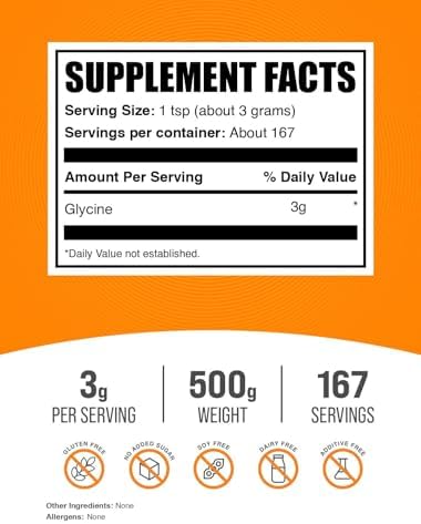 BulkSupplements.com Glycine Powder - Glycine Supplements, Amino Acid Supplement - Unflavored & Gluten Free, 3g per Serving, 500g (1.1 lbs) (Pack of 1)