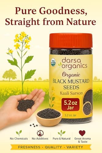 Darsa Organics Black Mustard Seeds 5.3 oz - Premium Quality USDA Organic Certified Black Mustard Seeds for Pickles, Curries, & Spice Blends, Non-GMO, Gluten-Free, Kosher packed in a BPA Free Jar