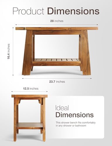 TINAMO 28" Teak Shower Benches for Inside Shower - 400 Lbs Capacity -Wooden Shower Stool Waterproof for Shaving Legs - Bench Seat with Storage Towel Shelf for Bathroom - Chair Spa Bath Nail Shave