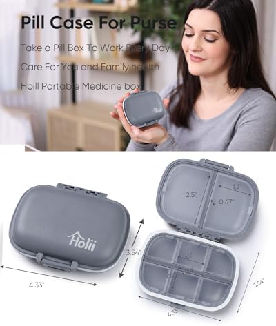 Holii Travel Pill Organizer, 8 Compartments Portable Pill Case, Daily Pill Box to Hold Vitamins, Small Pill Container for Pocket Purse Medicine Organizer（Gray）