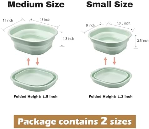 Collapsible Wash Basin Set of 2, Foldable Small Medium Size Wash Basin, Portable Plastic Basins for Laundry, Bottles, Travel, Camping (Green)