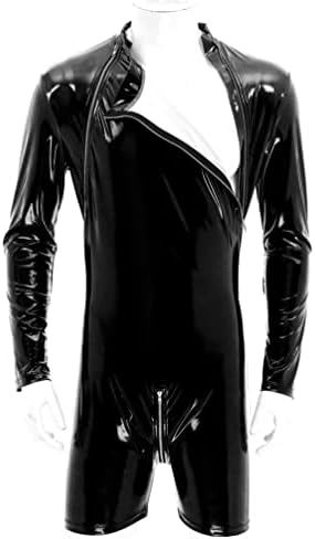 YiZYiF Mens Shiny Latex Catsuit Jumpsuit Slim Fit Long Sleeve Zipper Boxer Bodysuit Leotard Clubwear
