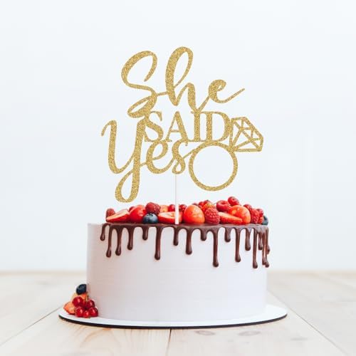Glitter She Said Yes Cake Topper - Mr & Mrs Wedding Anniversary Cake Topper, He Asked She Said Yes Engagement Bridal Shower Party Decorations Gold