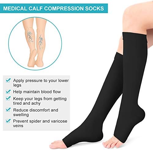 Compression Socks for Men Women, Open Toe Flight Compression Stockings, 20-30 mmHg Graduated Support Knee High Calf Compression Sleeves for Pregnancy Travel Work Varicose Veins