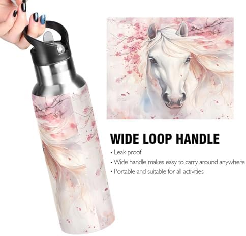 Horse Cherry Blossom Girls Water Bottle Insulated Sports Vacuum Stainless Steel Mug with Straw Lid & Handle 20 oz