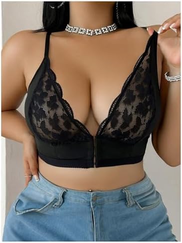 MakeMeChic Women's Plus Size Bras Floral Lace Bralettes Sexy Bra Deep V Neek Front Closure Underwear