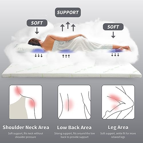 HOMBYS Memory Foam Massage Bed Mattress Topper with Cooling Rayon Derived from Bamboo Cover, Lash Bed Table Mattress Topper with Elastic Bands, Cushion Only, White, 73" x 29"