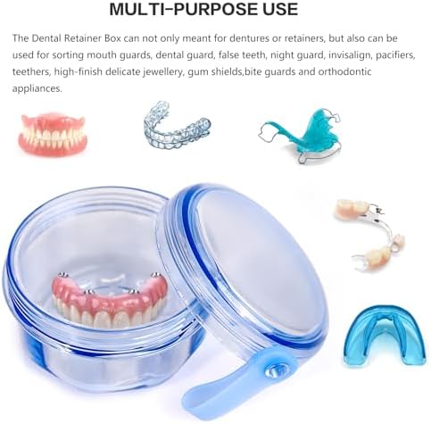 Leak Proof Portable Denture Bath Case Denture Cleaning Cup, False Teeth Holder Mouthguard Night Guard Container Box Retainer Soaking Case for Travel, Household, Office - Transparent Blue