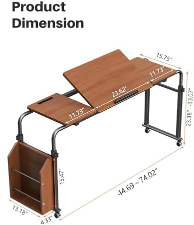 Laptop Desk for Bed,6-Angle Adjustable Overbed Table with Wheels,Adjustable Height and Length Bed Table for Laptop with Side Bookshelf,Standing Desk,Over Bed Desk for Working Hospital Home (Oaken)