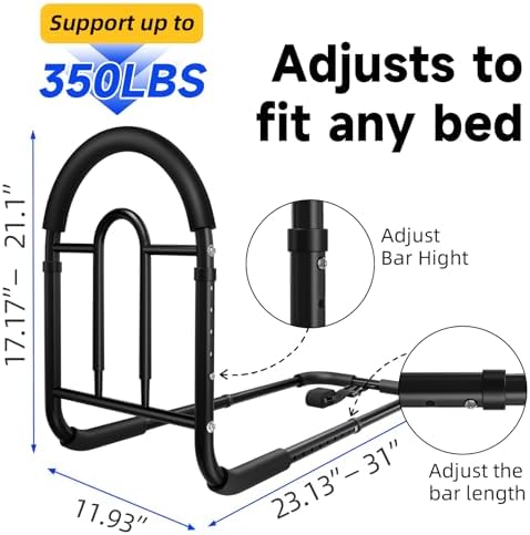 Bed Rails for Elderly Adults Safety - Adjustable Bed Assist Rail with Non-Slip Handle & Storage Pocket, 350LBS, Tool-Free, ASTM Compliant, Bed Cane for Seniors Fits King/Queen/Full/Twin Beds