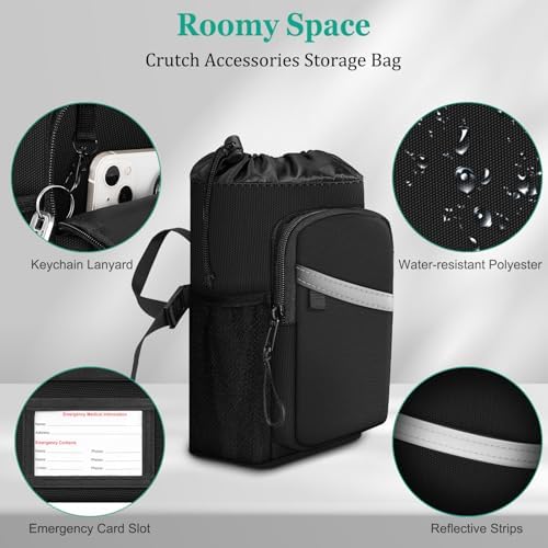FINPAC Crutch Accessories Bag, Water-Resistant Storage Organizer Tote Bag with Drink Holder and Zipper Pouch for Crutches, Underarm Crutches Attachment, Black