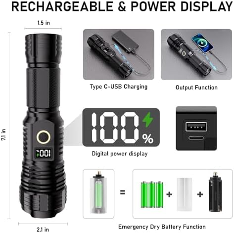 Flashlights High Lumens Rechargeable, 100,000LM LED Super Bright Flash Light, Zoomable Linternas with LCD Digital Display, 5 Mode, Waterproof, Powerful Tactical Flashlight for Emergencies Camping Gift