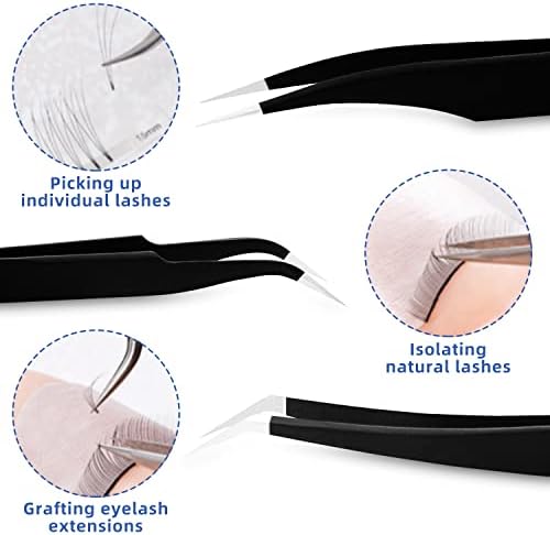 HengTianMei 8Pcs lash tweezers 3 Stainless Straight and 3 Curved Tip Eyelash Tweezers, With 2 Slant Pointed Precision Eyebrows Tweezers for eyelash extensions, Facial Hair, and Ingrown Hair Removal