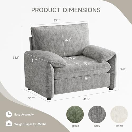 ONBRILL Oversized Accent Chair, 41 Inch Chenille Fabric Armchair, Comfy Single Sofa Chair with Padded Arms, Pocket Spring Cushion, Modern Reading Chair for Living Room, Bedroom, Grey