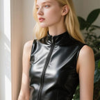 Sleeveless Latex Tops for Women,Black Latex T-Shirts with Front Zipper,Handmade Rubber Blouses