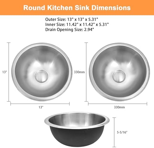 LQS Stainless Steel Round RV Sink, 13" x 13" Small RV Kitchen Sink, Stainless Steel Drop In Bar Sink, 5.31" Depth, RV Bathroom Sink with Sink Drain Assembly