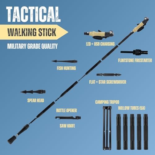 SmartstickX Collapsible Tactical Walking Stick with LED Light, USB Charging, Cork Grip, and Survival Tools – Aircraft Aluminum Trekking Pole for Hiking, Camping, Outdoors & Self Defense
