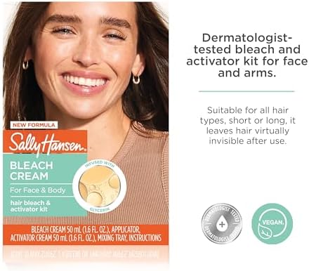 Sally Hansen Bleach Cream for Facial & Body Hair | Vegan Formula with Glycerin | All Skin Types