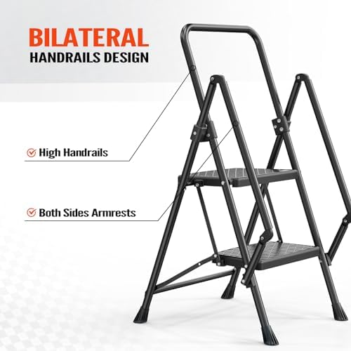 LUISLADDERS 2 Step Ladder with Handrails, Folding Step Stool with Widened Anti-Slip Pedal, 500lbs Lightweight Step Ladder 2 Step Folding, Multi-use for Home Kitchen Pantry Office, Black