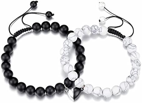 Jovivi Couples Bracelets 8mm Natural Stone Beads Healing Crystals Stretch Bracelet Matching Heart Charms Adjustable for His and Her Jewelry Lovers Best Friends Friendship Gifts
