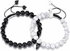Jovivi Couples Bracelets 8mm Natural Stone Beads Healing Crystals Stretch Bracelet Matching Heart Charms Adjustable for His and Her Jewelry Lovers Best Friends Friendship Gifts