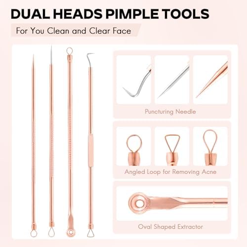 FEITA Blackhead Remover Pimple Comedone Extractor Tool, Stainless Acne Tools Pimple Popper Removal Kit, Zit Whitehead Popping Needle for Nose & Face, Rose Gold 4Pcs