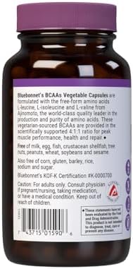 Bluebonnet Nutrition BCAAs 4:1:1 Ratio, Muscle Performance*, Muscle Health*, Muscle Repair*, Non-GMO, Vegan, Kosher Certified, Gluten-Free, Soy-Free, Dairy-Free, 120 Vegetable Capsules, 30 Servings