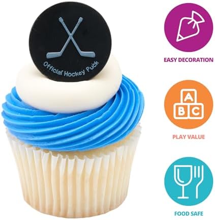 DecoPac Ice Hockey Rings, Ice Hockey Puck Cupcake Decorations, Hockey Cupcake Toppers, Black, Food Safe & Ready To Use – 24 Pack