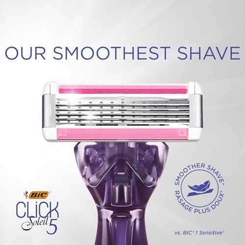 BIC Click 5 Soleil Women's Disposable Razors; 5 Blades With a Moisture Strip For a Smoother Shave; 1 Handle and 3 Cartridges; 4 Piece Razor Set