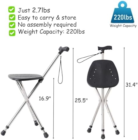 Cane with Seat - Portable Alloy Folding Stick Chair, Height Adjustable Cane with Seat for Seniors, Walking Stick with Seat for Balance and Support, Providing 220 Lbs Capacity for Adults
