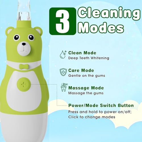 Kids Electric Toothbrush, Battery Operated Fun Bear Design Sonic Toothbrush for Toddler Ages 2-10, 2 Mins Timer, Soft Bristles, 2 Replacement Heads, 3 Brushing Modes for Teeth Cleaning
