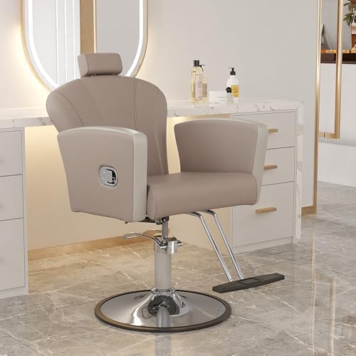 KIGOTY Salon Chair for Hair Stylist, Reclining Salon Chair with Hydraulic Pump,360 Degree Swivel Hair Stylist Chairs with Footrest and Adjustable Headrest for Barbershop (Grey-Silver)