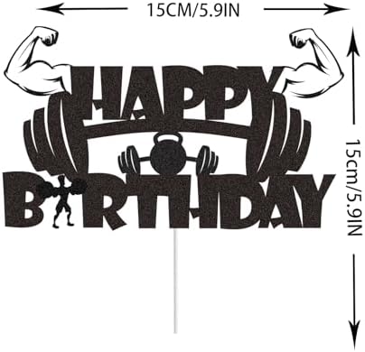 Gym Fitness Happy Birthday Cake Topper Black Glitter Cake Decorations Gym Sports Weightlifting Fit Fitness Barbell Boys Men Themed Birthday Party Supplies