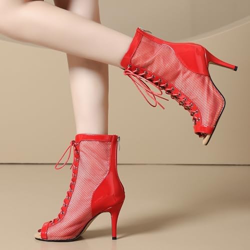 Professional Dancing Heels for Women's, Lace-Up Mesh Jazz Shoes,Zipper Peep Toe Booties,Pole Dance Boots