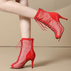Professional Dancing Heels for Women's, Lace-Up Mesh Jazz Shoes,Zipper Peep Toe Booties,Pole Dance Boots