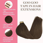 GOO GOO Tape in Hair Extensions Human Hair, 4A Chocolate Brown, 14inch 50g 20pcs, Skin Weft Seamless Invisible, Silky Straight with Thick Ends, Remy Human Hair