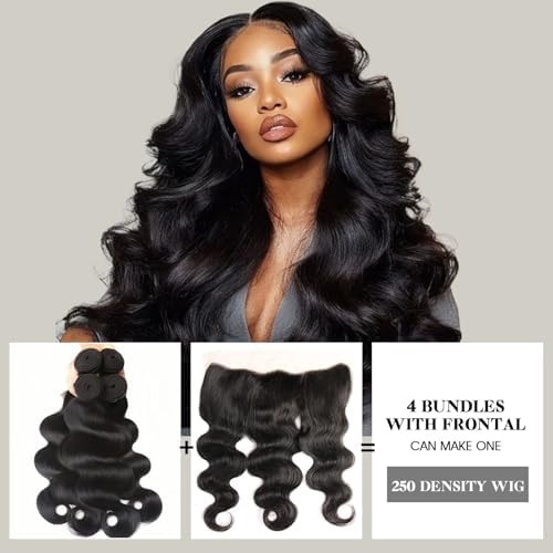 12A Body Wave Human Hair Weave 4 Bundles with 13x4 HD Lace Frontal, 100% Unprocessed Brazilian Virgin Hair Free Part for Women DIY Wigs, Natural Color 330g (12 14 16 18+10 Inch)