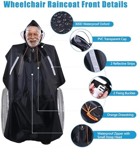 300D Wheelchair Poncho Rain Cape Cover for Adults with Semi-Transparent Hood and Waterproof Zipper