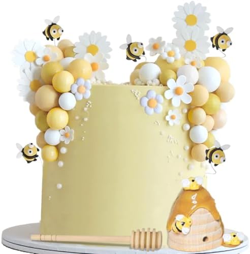 59PCS Bee Cake Topper Daisy Birthday Decoration with Bees Daisy Honeycomb Honey Stick Yellow White Balls Set for Birthday Party
