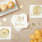 BLUE PANDA 50th Birthday Napkins for Women - Gold Foil & Fabulous Design - Absorbent 3-Ply Cocktail Napkins for 50th Birthday Decorations - 5 x 5 in, Pack of 50, White