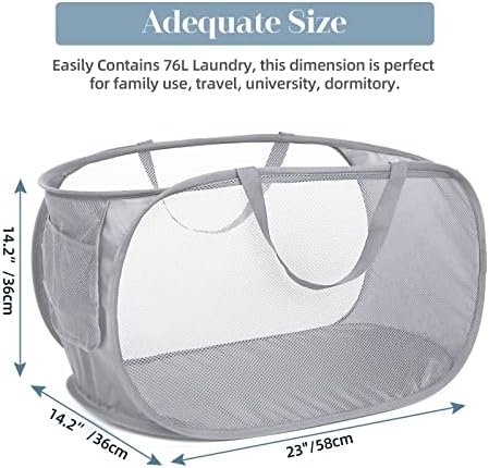 Durable Collapsible Laundry Baskets, Mesh Pop Up Laundry Hamper with Side Pocket, Foldable Clothes Storage Hamper with Reinforced Carry Handles for Laundry, Bathroom, Kids Room, Dorm or Travel Grey